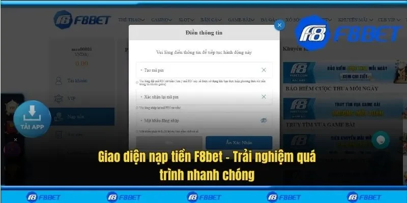 Giao diện nạp tiền F8bet – Trải nghiệm quá trình nhanh chóng
